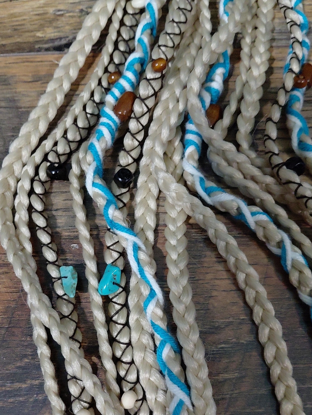Braided Ponytail Extensions with Turquoise And Wood Beads.  24" Long